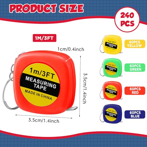 Hoteam 240 Pcs Small Tape Measure Keychains 1 Meter/ 3 Ft Mini Retractable Measuring Tape Keychains Pocket Measure Bulk Portable Measurement for Construction Birthday Party Favors, 4 Colors