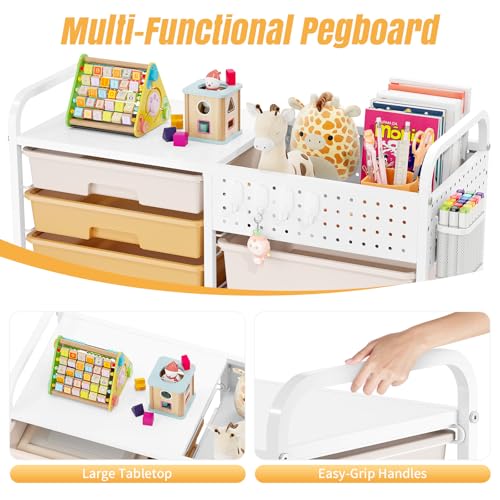 14 Drawer Rolling Storage Cart with Tabletop and Pegboard for Craft Color - color: Rainbow