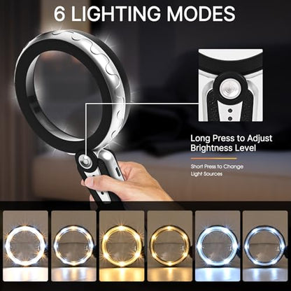 45X Magnifying Glass with Light, Large Handheld Magnifier for Seniors - color: Black