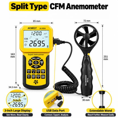 HVAC Air Flow CFM Meter, AIOMEST Pro Anemometer Split Wind Sensor AI-856A - color: Canary