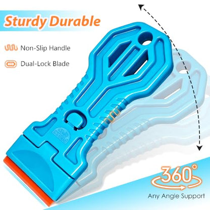2 Pack Plastic Razor Blade Scraper with 100 Replacement Plastic Blades, Tool-Free One-Press Blade Replacement, Non Scratch Adhesive Remover for Stickers, Labels, Decals, Glass, Windows & Cars