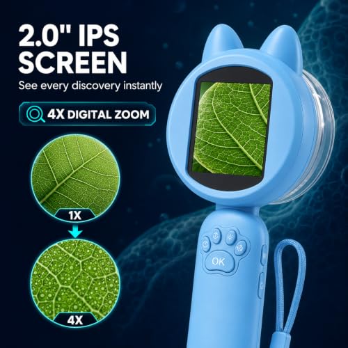 Kids Digital Microscope, 2-Inch Screen, 4X Zoom, 8 LEDs, Blue - color: Blue
