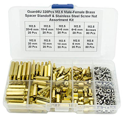 320Pcs M2.5 Male-Female Brass Spacer Standoff & Stainless Steel Screw Nut Assortment Kit