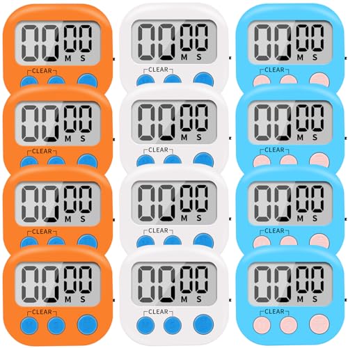 12 Pack Small Digital Kitchen Timer Magnetic Back and ON/Off Switch,Minute Second Count Up Countdown（White,Blue,Orange