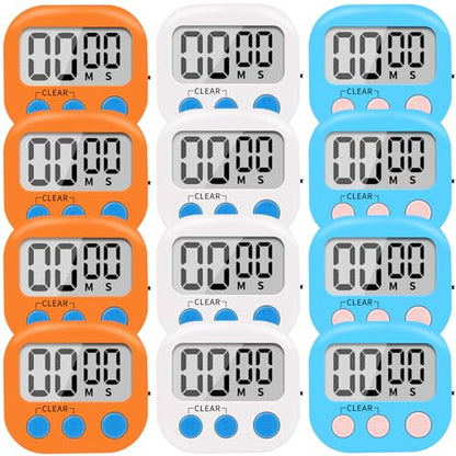 12 Pack Small Digital Kitchen Timer Magnetic Back and ON/Off Switch,Minute Second Count Up Countdown（White,Blue,Orange