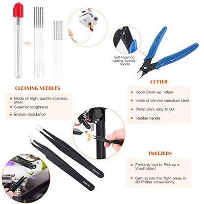 34 Piece 3D Printer Accessories Tool Kit Cleaning Needles, Tweezers, Pliers, Scarper, Clean up Knives, Carving Knife Come with Storage Case for Printing Removing, Cleaning, Finishing