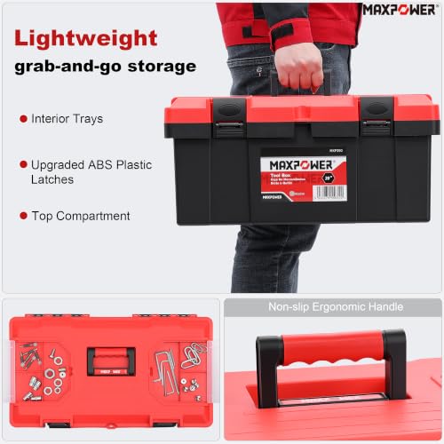 MAXPOWER 19-inch Plastic Tool Box, Handheld, Removable Tray, Lockable - color: Red, size: 19"