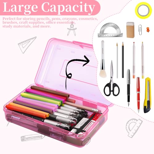 Pencil Box, Clear Pencil Case, Large Capacity Plastic Hard Pencils Case Crayon Box with Snap-Tight Lid Stackable for Kids Adult Student Pens Pencils School Supplies Storage Office Supplies, Pink - color: Pink