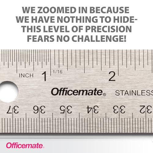 Officemate 15-Inch Flexible Stainless Steel Ruler, Metal Straight Edge Ruler with Cork Backing, 1/16 Inch and Metric Scale Markings, Tool for School, Office, Drafting, Crafts and Precision Cuts