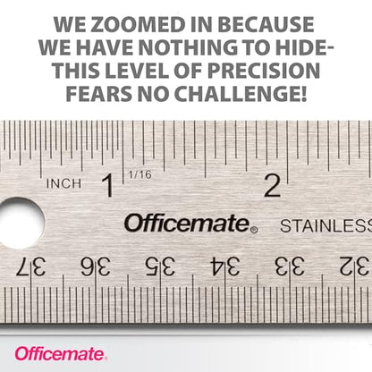 Officemate 15-Inch Flexible Stainless Steel Ruler, Metal Straight Edge Ruler with Cork Backing, 1/16 Inch and Metric Scale Markings, Tool for School, Office, Drafting, Crafts and Precision Cuts