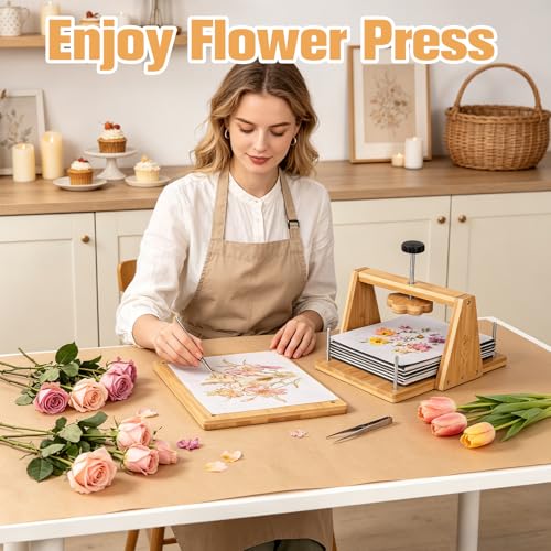 Bemoauty Flower Pressing Kit for Adults and Teens, 6 Layers Wood Flower Press 11.8" x 8", Flower Preservation Kits with 6 Sponge Sheet, Drying Plates and 24 Lining Papers, DIY Art & Crafts Gift