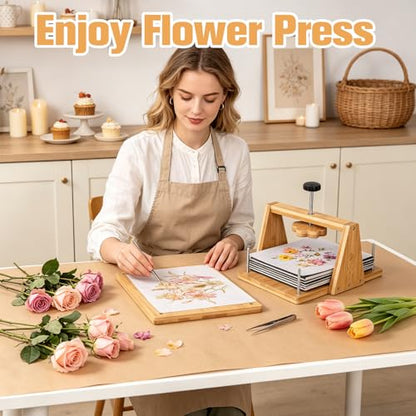 Bemoauty Flower Pressing Kit for Adults and Teens, 6 Layers Wood Flower Press 11.8" x 8", Flower Preservation Kits with 6 Sponge Sheet, Drying Plates and 24 Lining Papers, DIY Art & Crafts Gift