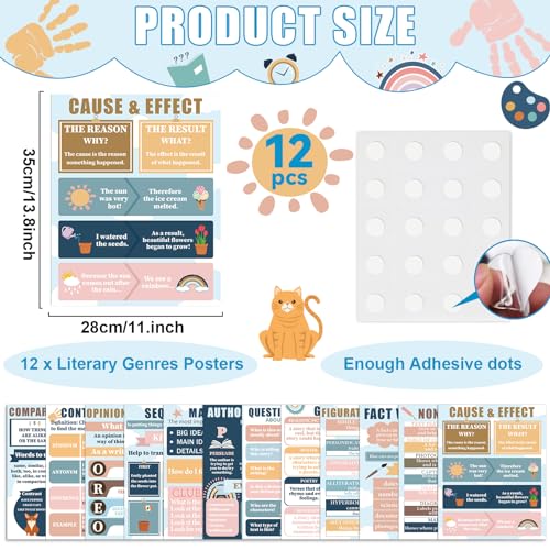 QOUBAI 12Pcs Reading Comprehension Posters Boho Rainbow Classroom Decor - color: Boho