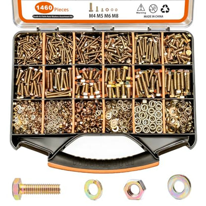 1460PCS Nuts and Bolts Assortment Kit - M4 M5 M6 M8 Grade 8.8 Bolts with Nuts & Washers - Heavy Duty Hex Head Bolts Assortment for Automotive Repair, Machinery, Furniture - Zinc Plated - size: 1460PCS M4 M5 M6 M8
