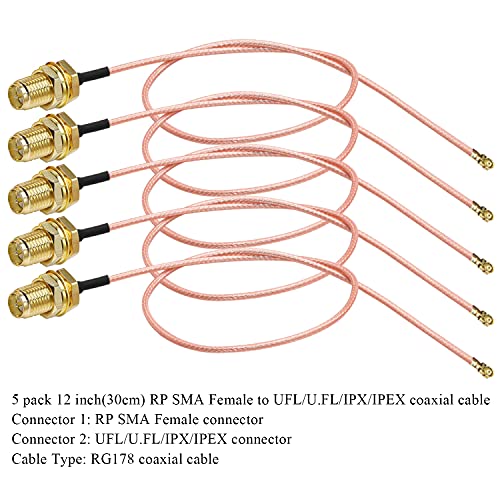 TUOLNK RP-SMA to IPX MHF1 Coax Cable UFL U.FL to RPSMA Female Pigtail Coaxial Low Loss Cable for WiFi Router Mini PCI Extension Antenna - 12 Inch (30cm) 5pcs - size: 12inch