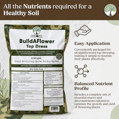BuildASoil Build-A-Flower - Organic Top Soil Amendment – Top Dress Kit for Flowering Plants | Compost, Phosphorus & Potassium | 1 Cubic Foot Bag of Soil - size: 7.48 gallon
