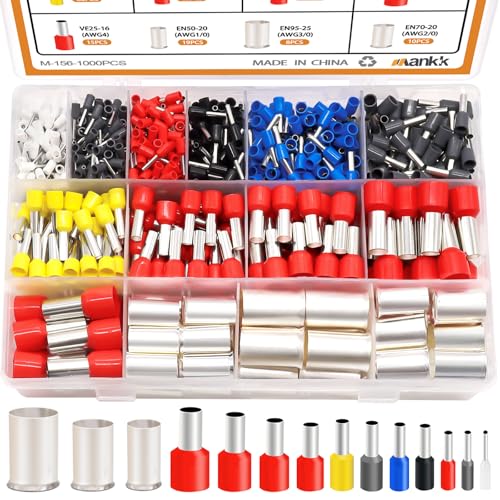 mankk 1000PCS Wire Ferrules Terminals Kits Silver Plated Copper Ferrules Wire Ends Terminals Crimp Terminal Connector Sleeves 14 Sizes AWG(22 20 18 16 14 12 10 7 5 4 2 1/0 2/0 3/0) - color: 1000PCS