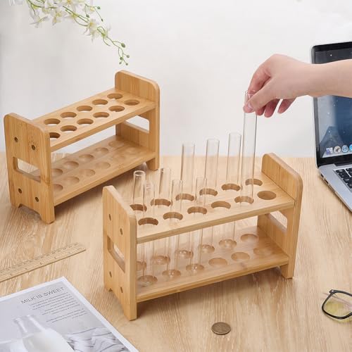UNICRAFTALE 2Pcs Wooden Test Tube Rack 12-Holes Bamboo Multi-Use Cylinder Tube Display Racks Rectangle Razors Pencils Art Brushes Holder Hole 27mm for Laboratory Home Crafting Potted Plant - size: 26x10x17cm