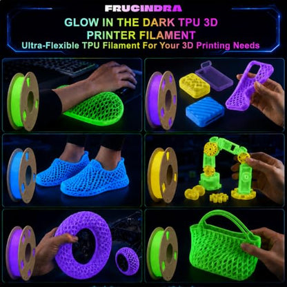 Glow in the Dark TPU 95A 3D Printer Filament Bundle - 1.75mm Soft Flexible TPU 3D Filament, Accuracy +/- 0.03mm, Luminous Filament for Halloween, Fit Most 3D Printers - 4 Spools 250g Each - color: Green/Blue/Yellow/Purple