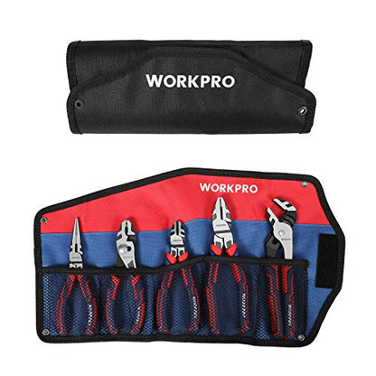 WORKPRO Pliers Set, Premium Cr-V Construction, Includes 6 Inch Slip Joint, Long Nose, Diagonal Cutting, 8 Inch Groove Joint, 7 Inch Linesman and Storage Pouch, for Basic Repair (Pack of 2) - size: 5-piece (Pack of 2)
