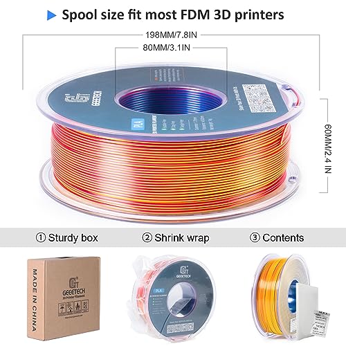 Geeetech 3D Printer Silk PLA Tri-Color Filament, Metal-Like Shiny Silk Filament 1.75mm 1kg (2.2lbs) Spool, Dimensional Accuracy +/- 0.02 mm, Tri-Color Red Yellow Blue - color: 1kg Triple Color Red-yellow-blue