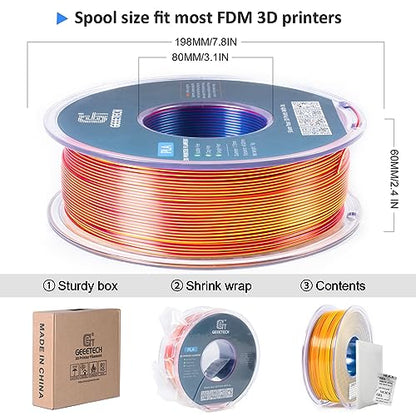 Geeetech 3D Printer Silk PLA Tri-Color Filament, Metal-Like Shiny Silk Filament 1.75mm 1kg (2.2lbs) Spool, Dimensional Accuracy +/- 0.02 mm, Tri-Color Red Yellow Blue - color: 1kg Triple Color Red-yellow-blue