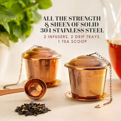 Tea Infuser Set of 2 with Tea Scoop & Drip Trays, Loose Leaf Tea Strainer - color: Rose Gold, size: Medium