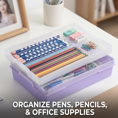 1/2 Pack Craft Organizers and Storage Box with Removable Tray, Portable Project Case with Handle and Lid, 2-Tier Art Supply Organizer, File Box for A4 Paper, Scrapbook, 5-Quart (2)