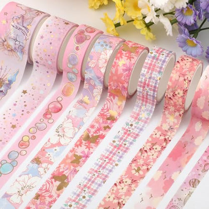 9 Rolls Gold Floral Washi Tape Set,Gold Foil Pink Floral Pattern Decorative Tape,Butterfly Star Decorative Masking Tapes for DIY Scrapbook Design Journaling Handbook Making Card Wrap Craft Gift - style: Pink flowers