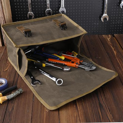 Canvas Tool Storage Bag - Portable Garden Tool Carrying Case with 3 Pockets + 2 Release Buckles, Multi-Purpose 16OZ Waxed Canvas Tool Tote Bag | 11.5"L x 6"W x 7.5"H | Grey - color: Grey