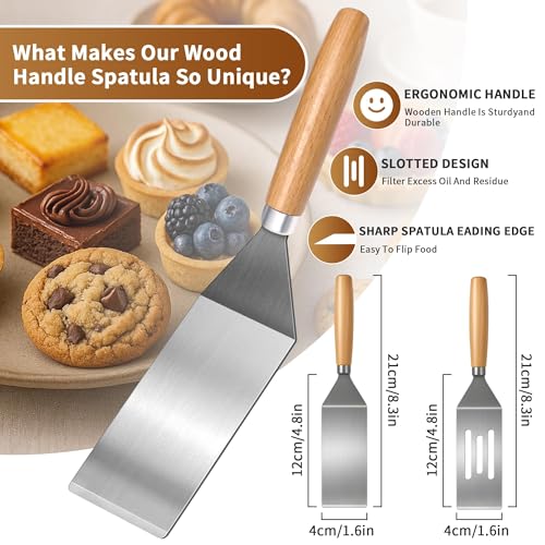 2Pc Stainless Steel Mini Spatula Wooden Handles Cooking Baking Serving - color: 1PC SOLID+1PC SLOTTED