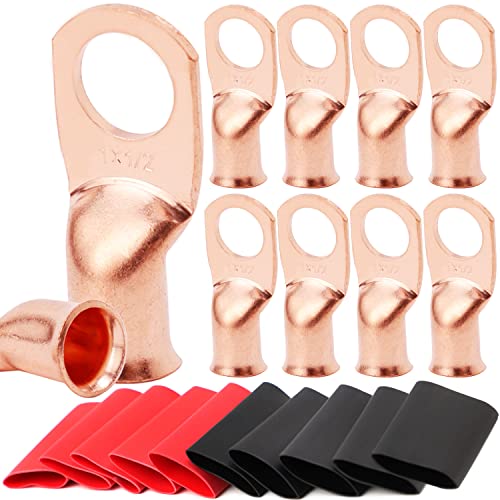 TKDMR 10 PCS 1 AWG - 1/2 Battery Cable Lugs Copper Wire Ring Terminals - size: 1 Awg - 1/2" (M12) Ring