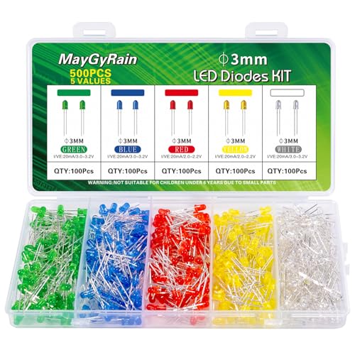 3mm LED Diodes Kit,500 Pcs 5 Values 5 Color, Light Assortment Kit Low Voltage Circuit Emitting Diodes Bulb Lamp Set, Green, Blue, Red, Yellow, White (3mm-5color-500pcs) - style: 3mm-5color-500pcs
