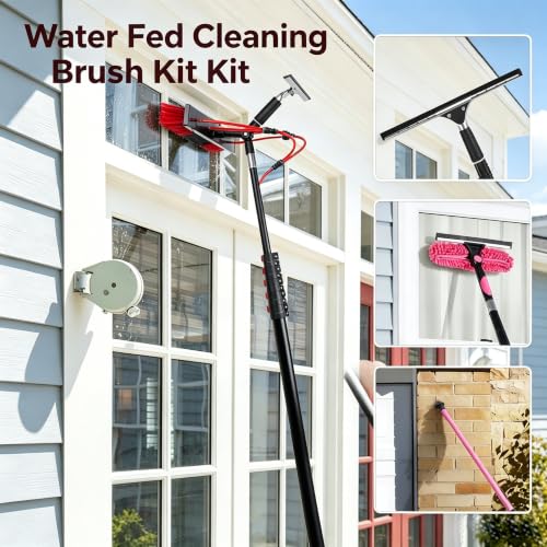 26ft Long Reach Solar Panel Cleaning Kit - Aluminum Extendable Water Fed Pole, 22in Wide Brush & Squeegee, Bendable Dusting Brush - Outdoor Window Washing Equipment Tool - color: 26ft, size: Large