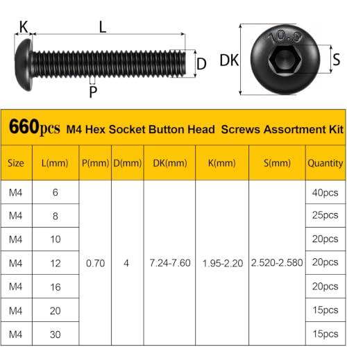 660PCS M4 Hex Button Screws Assortment Kit, M4x6/8/10/12/16/20/30 mm - size: M4 660pcs
