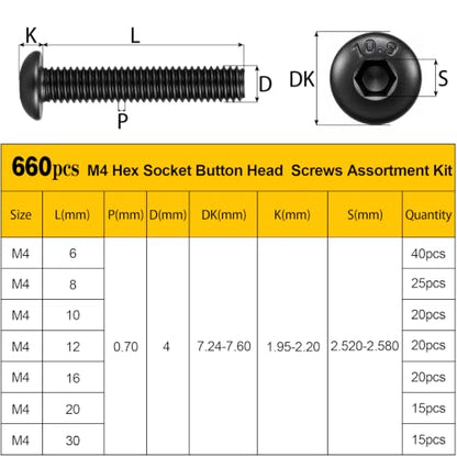 660PCS M4 Hex Button Screws Assortment Kit, M4x6/8/10/12/16/20/30 mm - size: M4 660pcs
