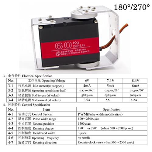 RDS5160 Servo 60 kg RC Digital Servo High Torque Mental Gear 180 270 Degree with U-Shaped Mount Disc for 1/5 RC Car Robotics DIY Projects (180) - size: 60KG 180°