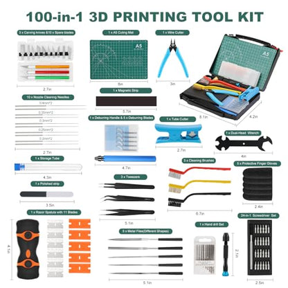 3D Printer Tools Kit, 100pcs 3D Printer Accessories for All FDM/SLA Printers Includes Deburring Tool,Cleaning Kit, Sanding Kit, Nozzle Cleaning Needles, Scraper Tools, Maintenance kit, Brushes