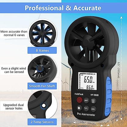 HoldPeak Handheld Anemometer Bluetooth with Tripod, Digital Wind Speed Gauge Meter, Air Flow Velocity Temperature CFM Measuring Device for HVAC Outdoor Sailing Shooting Golf, 866B-APP