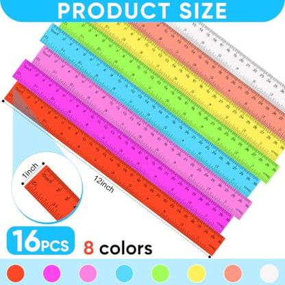 SenseYo 16 Pcs Clear Plastic Rulers 12 Inch Color Transparent Ruler with Centimeters and Inches for Kids Classroom Office Supplies - size: 16 Pcs