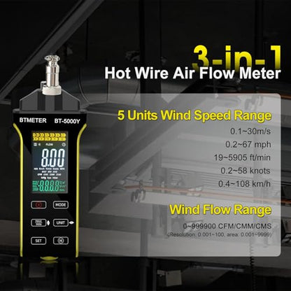 BTMETER Hot Wire Anemometer - CFM/CMM Air Flow Meter Measuring 0.2-67 Mph - color: Yellow