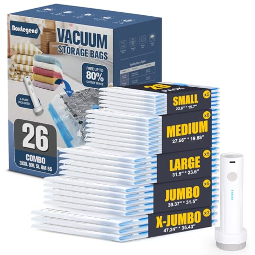 BoxLegend Vacuum Storage Bags with Electric Pump 26 Combo (3X-Jumbo, 5 Jumbo, 5 Large, 8 Medium, 5 Small) Thickened Vacuum Seal Bags for Clothing Space Saving for Coat Quilt Blanket Pillow Comforters - size: 26 Combo - Electric Pump