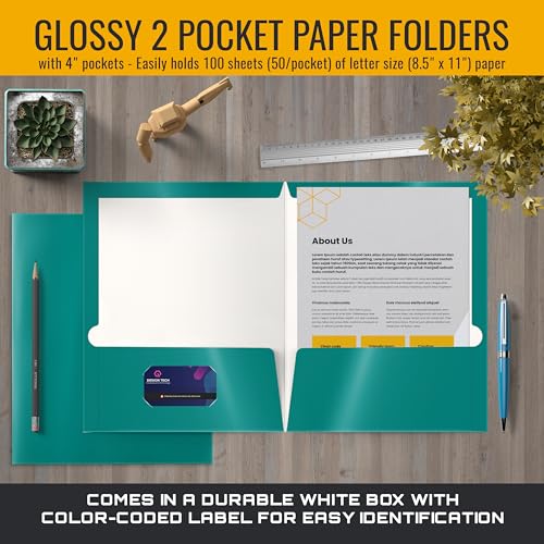 2 Pocket Glossy Laminated Paper FOLDERS Portfolio Letter Size, Teal, 25PK - color: Teal
