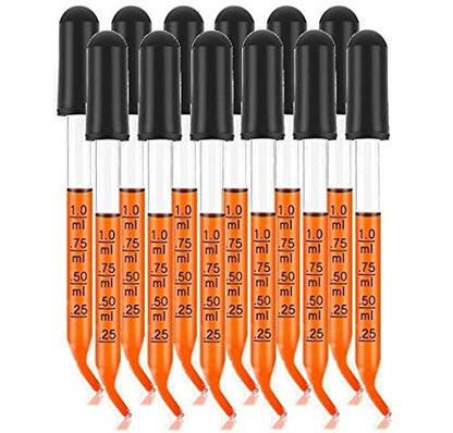 Pack of 12 Graduated 1ml, Glass Dropper with Black Suction Bulb, Medicine Eye Droppers 3" Bent Tip Calibrated for Essential Oils, Science Laboratory Medicine Art Liquid Plant Nutrients