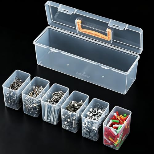 Small Parts Organizer Box with Transparent Lid 1‑Pack, 6-Compartments Movable Organizer Box with for Hardware, Screws, Bolts, Nails, Beads, Jewelry and Fishing Small Accessories, NOT for Large Tools