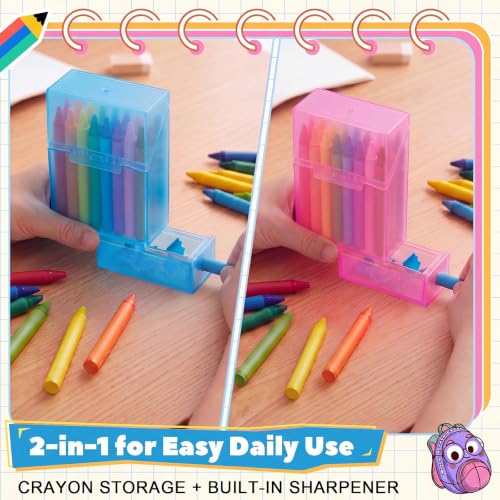 Clabby 2 Pcs 2 in 1 Plastic Crayon Box with Sharpener Holds 24, Pink,Blue - color: Pink,Blue