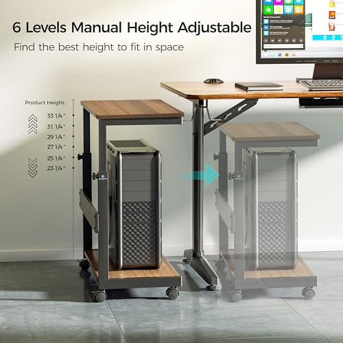 EUREKA ERGONOMIC PC Stand Computer Cart, Height Adjustable Tower Stand 2-Tier Suit for ATX Case Printer, Metal Rolling Cart on Wheels for Gaming Home Office, Walnut - color: Walnut