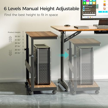 EUREKA ERGONOMIC PC Stand Computer Cart, Height Adjustable Tower Stand 2-Tier Suit for ATX Case Printer, Metal Rolling Cart on Wheels for Gaming Home Office, Walnut - color: Walnut