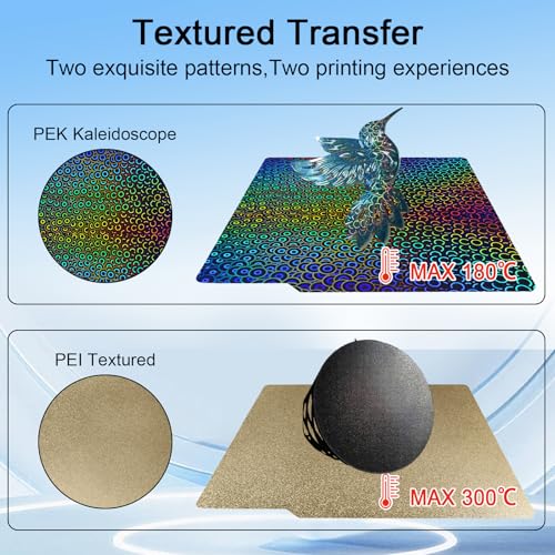 IdeaFormer Smooth Kaleidoscope PEK+Textured PEI Build Plate 257x257mm Flexible Spring Steel Sheet for Bambu Lab X2D/X1/X1C/X1E/P1P/P1S/P2S/A1,Excellent Adhesion,High Temp Resistance for Bambu Lab - color: PEK+DBS(Kaleidoscope+Textured PEI)
