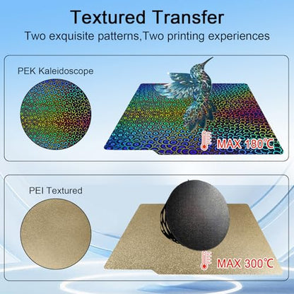IdeaFormer Smooth Kaleidoscope PEK+Textured PEI Build Plate 257x257mm Flexible Spring Steel Sheet for Bambu Lab X2D/X1/X1C/X1E/P1P/P1S/P2S/A1,Excellent Adhesion,High Temp Resistance for Bambu Lab - color: PEK+DBS(Kaleidoscope+Textured PEI)